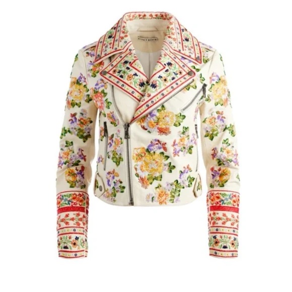 Alice + Olivia Cody Embellished Moto Leather Jacket Floral White - Picture 2 of 11
